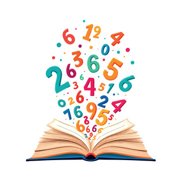Vsai open book with colorful numbers floating above, concept of education and learning