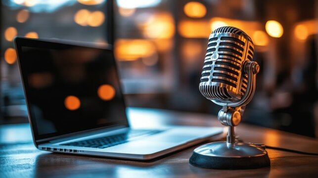 Retro microphone and laptop in a cafe