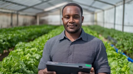 Fototapeta premium Man uses digital tablet to monitor plant growth in a greenhouse located in a rural area during daylight hours