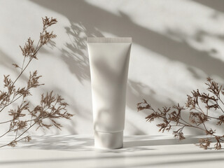 Mockup di tubo bianco opaco per crema viso, skincare o cosmetici con sfondo naturale e piante
