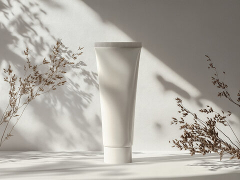 Mockup di tubo bianco opaco per crema viso, skincare o cosmetici con sfondo naturale e piante