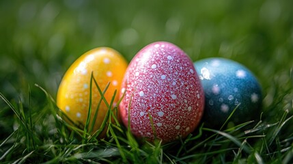 Colorful Easter eggs resting on lush green grass, symbolizing spring celebrations.