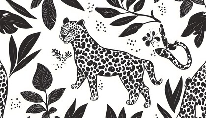 Fototapeta premium Leopard and snake wildlife illustration in black and white tones