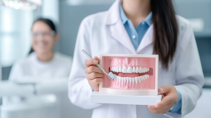 Demonstrating proper dental hygiene techniques using a model in a modern dental clinic setting