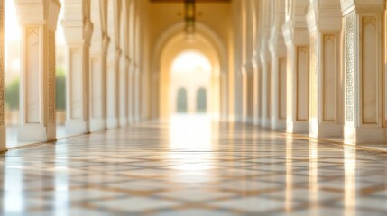 Obraz premium Serene Arched Corridor with Elegant Floors and Soft Natural Light