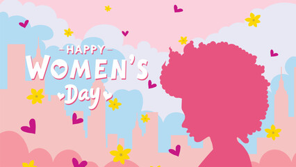 Happy Women's Day Vector Illustration with Female Silhouette and Decorative Elements