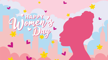 Vector Women's Day Greeting Card with Woman Silhouette, Hearts, and Flowers