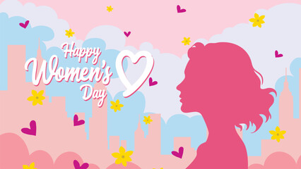 Vector Women's Day Greeting Card with Woman Silhouette, Hearts, and Flowers