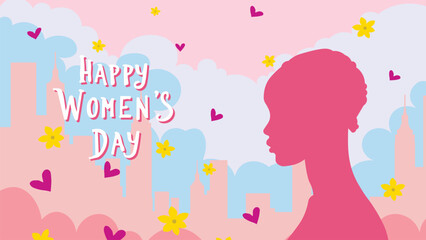 Happy Women's Day Vector Illustration with Female Silhouette and Decorative Elements
