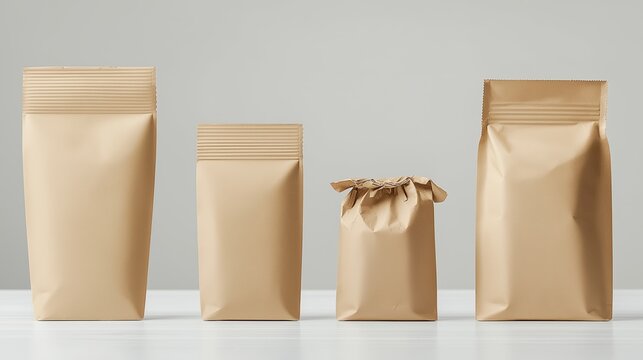 Various sizes of kraft paper bags arranged neatly on a table in a minimalist setting - Powered by Adobe