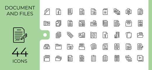 Document And Files linear icon collection. Includes thin line page, note, form, paper, message and more. Simple line vector. Editable stroke.