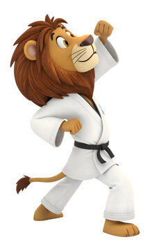 3d cartoon lion in karate and taekwondo gi on white