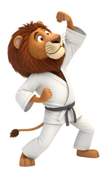 3d cartoon lion in karate and taekwondo gi on white