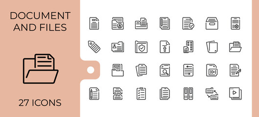 Document And Files linear icon collection. Includes thin line page, note, form, paper, message and more. Simple line vector. Editable stroke.