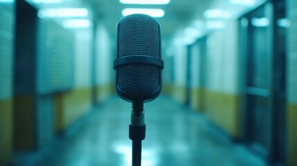 Retro microphone in empty hospital hallway
