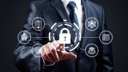 A man in a suit is pressing a button on a computer screen that has a lock symbol on it. Concept of security and protection, as the man is taking action to secure something