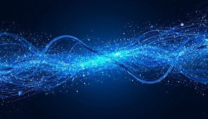 Abstract digital art of swirling blue lines and dots against a dark background.