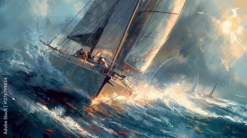 Poster a racing high-speed catamaran with sleek lines and_001