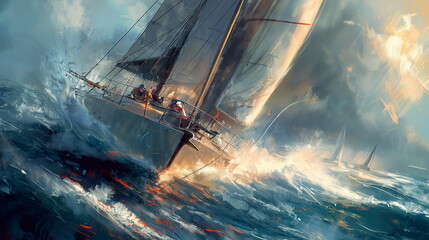 A racing high-speed catamaran with sleek lines and_001