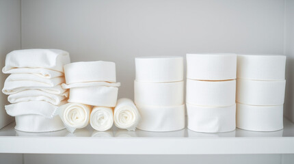 A neatly arranged set of medical gauze and bandages on a shelf