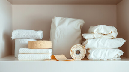 A neatly arranged set of medical gauze and bandages on a shelf