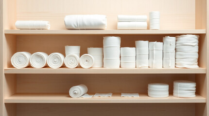 A neatly arranged set of medical gauze and bandages on a shelf