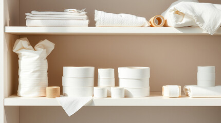 A neatly arranged set of medical gauze and bandages on a shelf