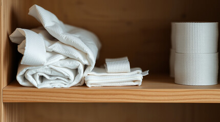 A neatly arranged set of medical gauze and bandages on a shelf