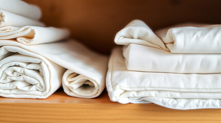 A neatly arranged set of medical gauze and bandages on a shelf