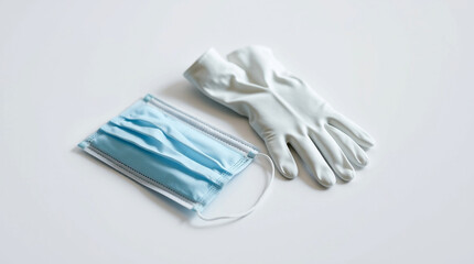 A medical facemask and gloves on a clean surface in a hospital setting