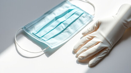 A medical facemask and gloves on a clean surface in a hospital setting