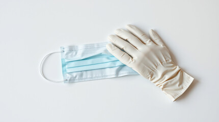 A medical facemask and gloves on a clean surface in a hospital setting