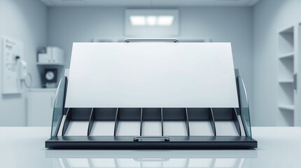 A medical chart holder with empty slots in a doctor's office