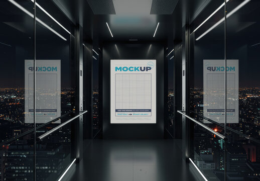 Vertical Backlight Poster Mockup inside Elegant Modern Glass Elevator with City Skylines at Night