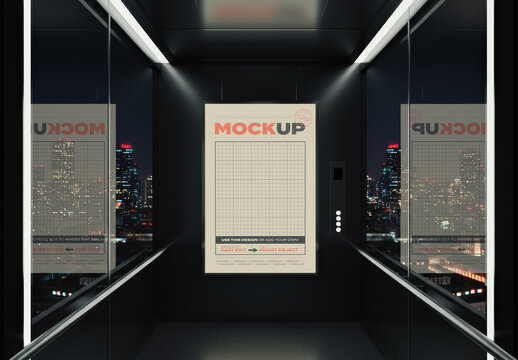 Vertical Backlight Poster Mockup inside Modern Glass Elevator with City Skylines at Night