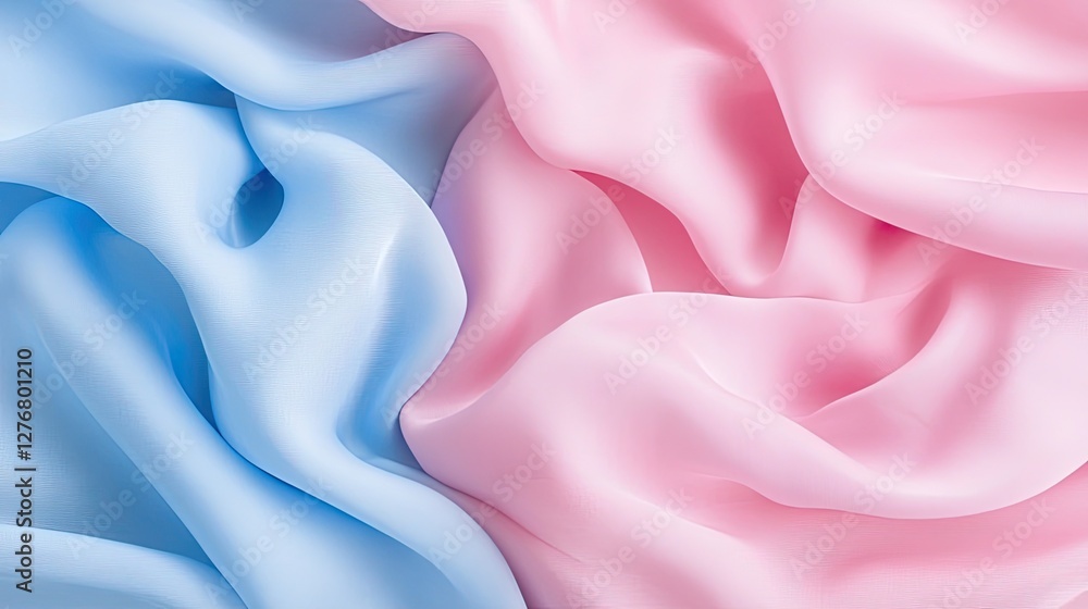 Poster smooth satin fabric in pastel blue and pink features elegant folds and ripples, creating a dynamic a