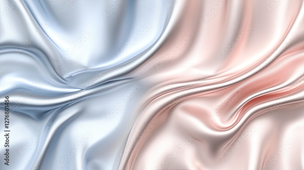 Poster smooth satin fabric in pastel blue and pink features elegant folds and ripples, creating a dynamic a