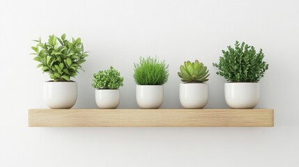 Fototapeta premium Small potted plants arranged on a wooden shelf