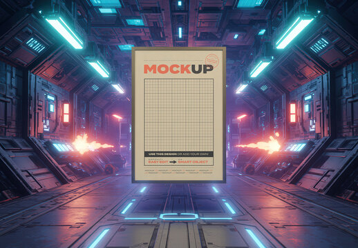 Vertical Frame Poster Mockup inside Video Game Space Craft Scene