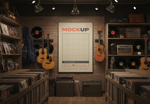 Vertical Frame Poster Mockup inside Music Store
