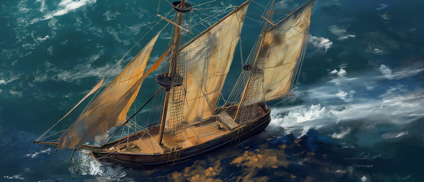 A two-masted brig with stretched sails is moving a_001