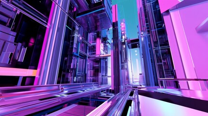 Futuristic cyberpunk metaverse cityscape with neon lights and towering skyscrapers in 3d detail