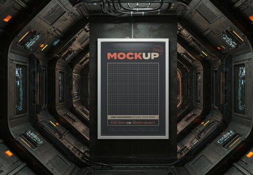 Vertical Frame Poster Mockup on Space Ship Technologic Hall