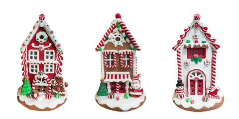 Fototapeta premium set of Christmas gingerbread house figurine, isolated on white
