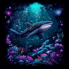 Fototapeta premium Underwater shark in vibrant coral reef; graphic design for apparel