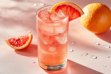 Fizzy grapefruit soda with ice and citrus garnish in refreshing light