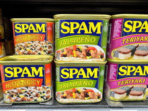 Vadnais Heights, Minnesota - February 17, 2025: Cans and packages of flavored SPAM meat for sale at a grocery store
