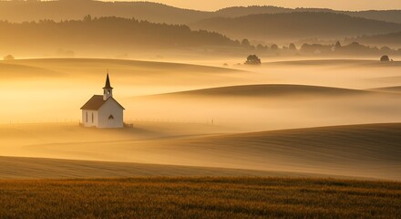 Fototapeta premium White Church in Misty Golden Hour Countryside Landscape 