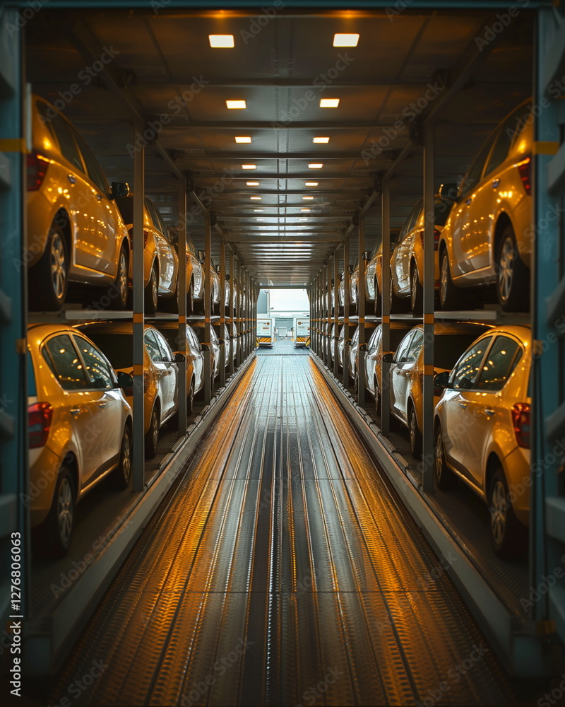 Poster a view from inside a car transporter with long row_011