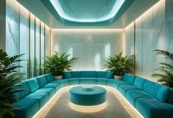 Fototapeta premium Modern Lounge, Teal Curved Sofa, Indoor Plants, Glass Walls